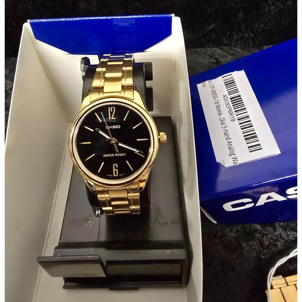 NEW Ladies Casio Stainless Steel Black Dial Gold Tone Wristwatch LTP-V005G-1BUDF